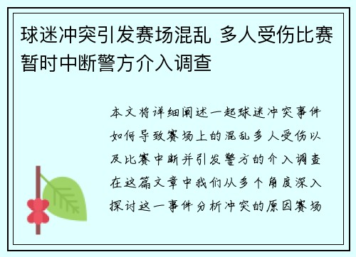 球迷冲突引发赛场混乱 多人受伤比赛暂时中断警方介入调查