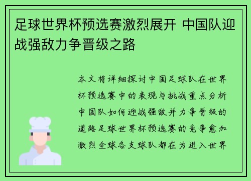 足球世界杯预选赛激烈展开 中国队迎战强敌力争晋级之路